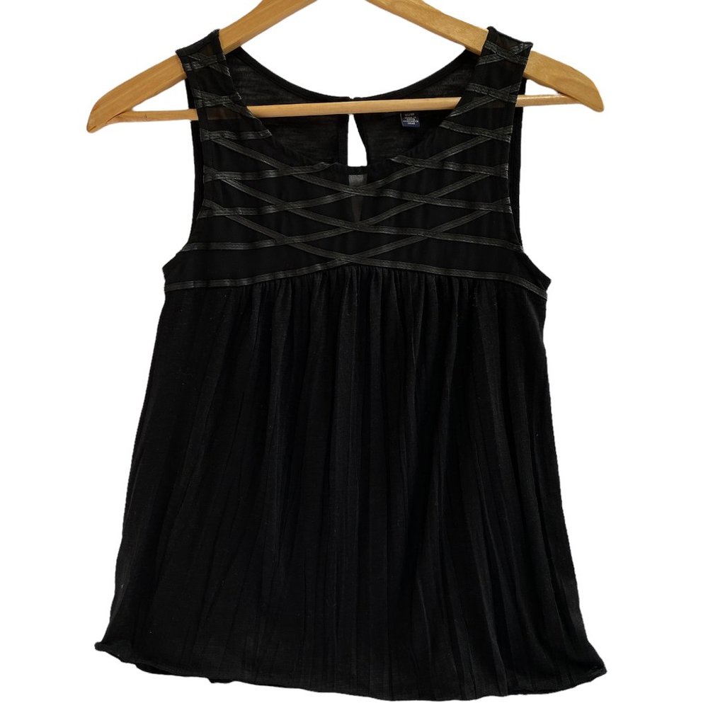 Y2K American Eagle Babydoll Faux Leather Criss Cross Trim Black Whimsigoth-XS